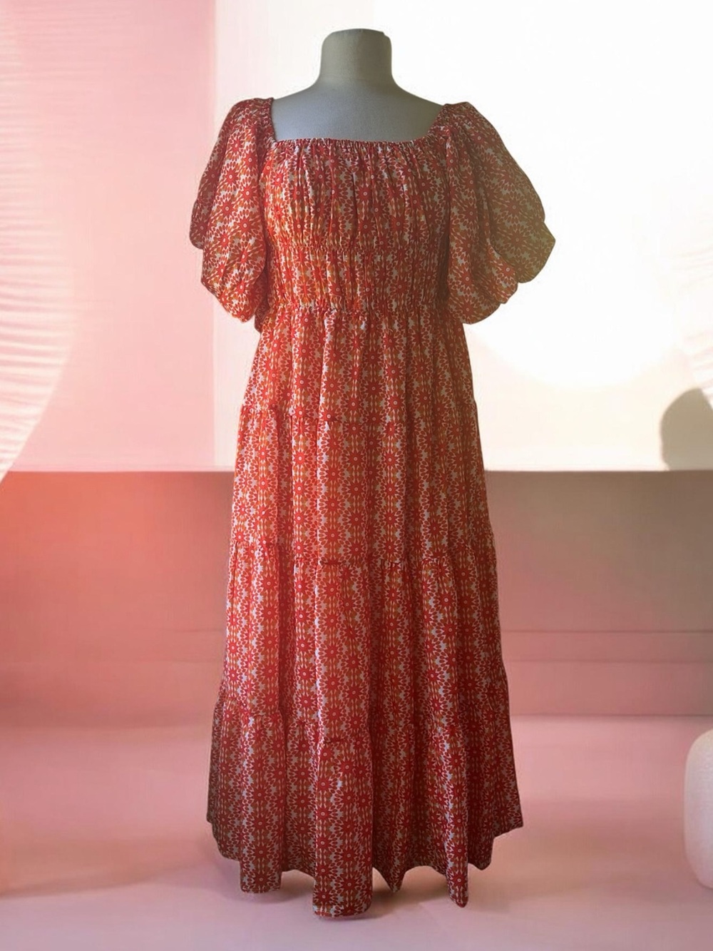 Aleeza Paris midi / maxi dress, puff sleeves. Size XL, sunset orange.